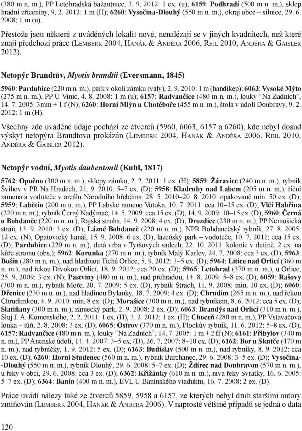 Přestože jsou některé z uváděných lokalit nové, nenalézají se v jiných kvadrátech, než které znají předchozí práce (Lemberk 2004, Hanák & Anděra 2006, Rejl 2010, Anděra & Gaisler 2012).