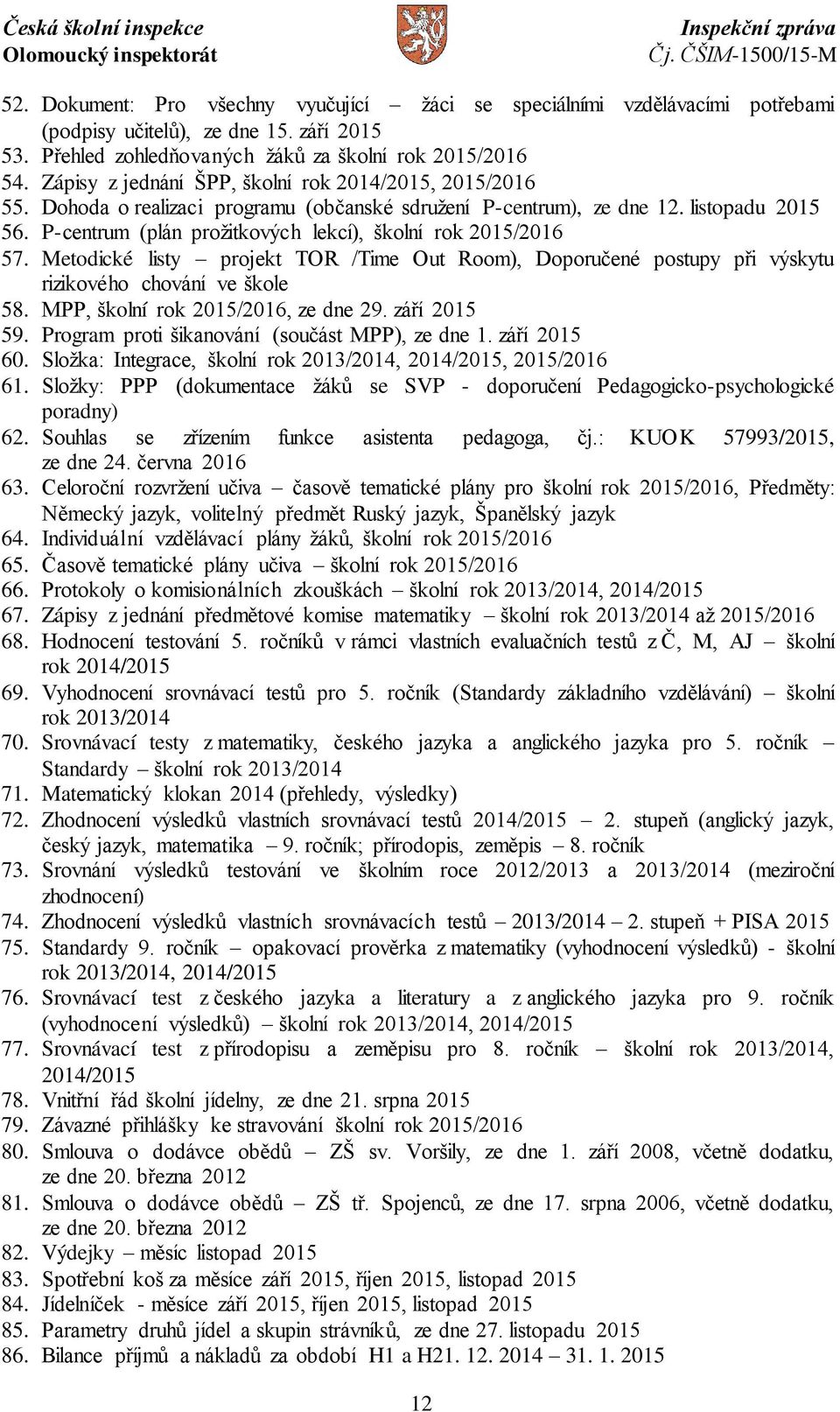 P-centrum (plán prožitkových lekcí), školní rok 2015/2016 57. Metodické listy projekt TOR /Time Out Room), Doporučené postupy při výskytu rizikového chování ve škole 58.