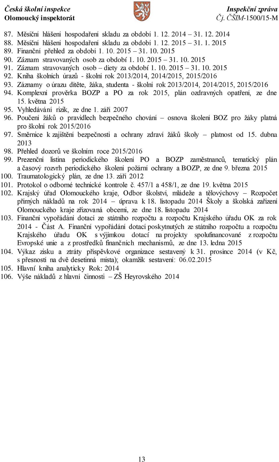 Kniha školních úrazů - školní rok 2013/2014, 2014/2015, 2015/2016 93. Záznamy o úrazu dítěte, žáka, studenta - školní rok 2013/2014, 2014/2015, 2015/2016 94.