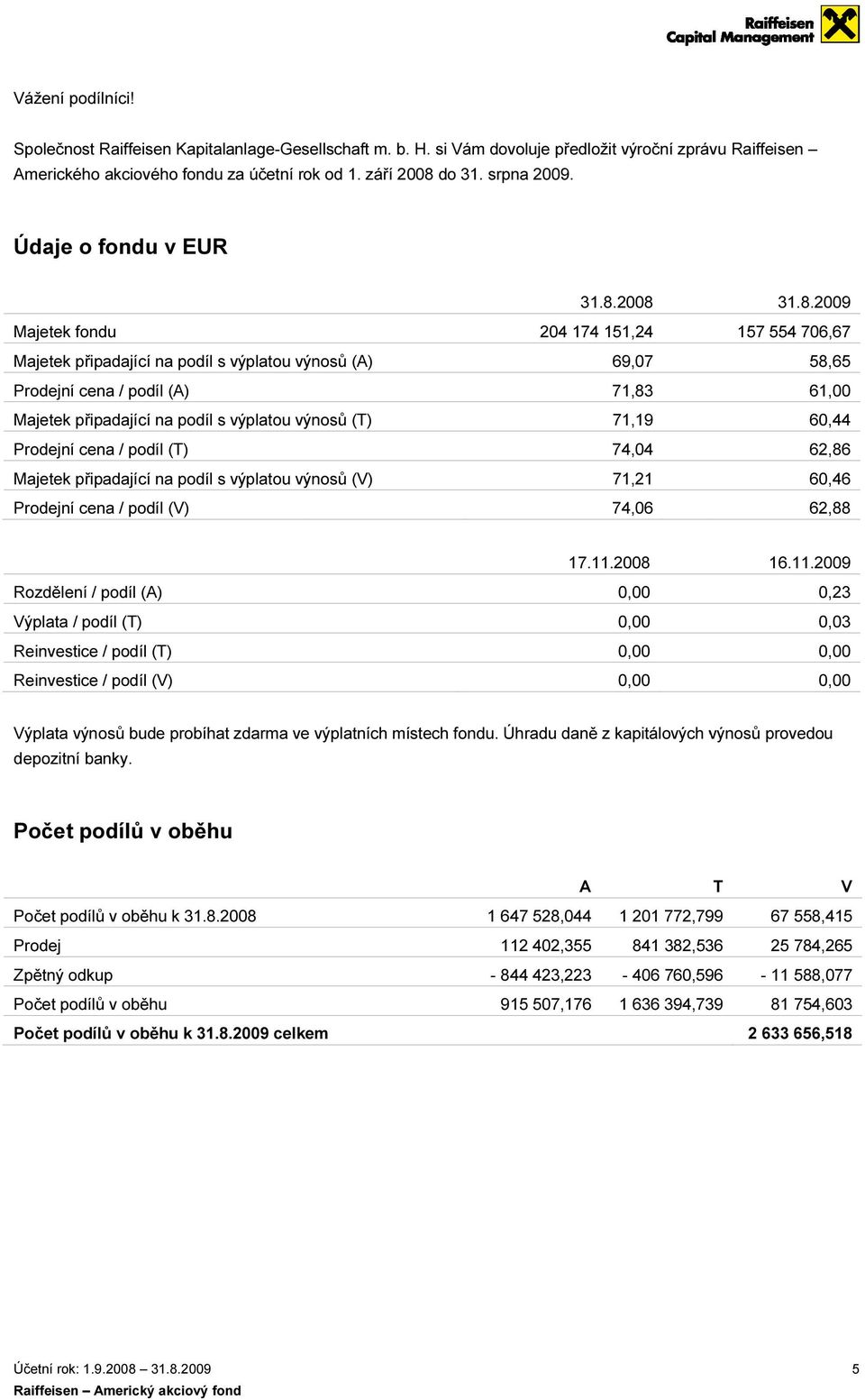 2008 Majetek fondu 204 174 151,24 Majetek připadající na podíl s výplatou výnosů (A) 69,07 Prodejní cena / podíl (A) 71,83 Majetek připadající na podíl s výplatou výnosů (T) 71,19 Prodejní cena /