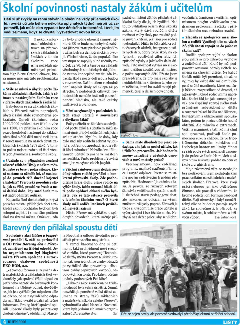 poïádali námûstkyni primátora Mgr. Elenu Grambliãkovou, která mimo jiné má tuto problematiku na starosti. Stále se mluví o úbytku poãtu ÏákÛ na základních kolách.