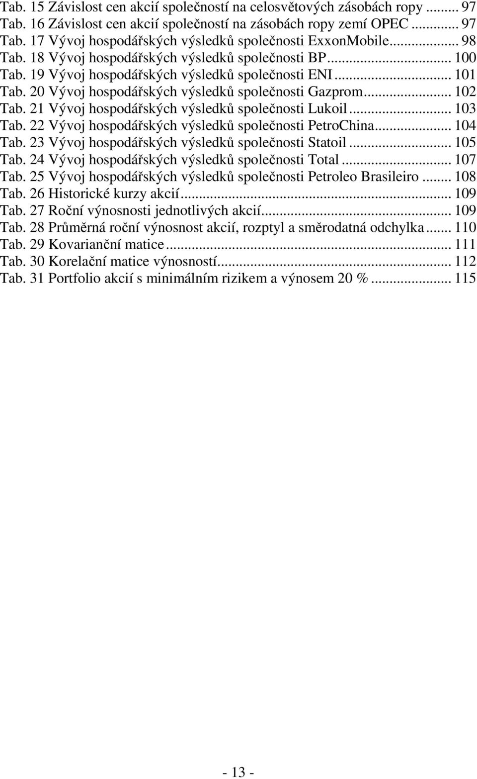 21 Vývoj hospodářských výsledků společnost Lukol... 103 Tab. 22 Vývoj hospodářských výsledků společnost PetroChna... 104 Tab. 23 Vývoj hospodářských výsledků společnost Statol... 105 Tab.