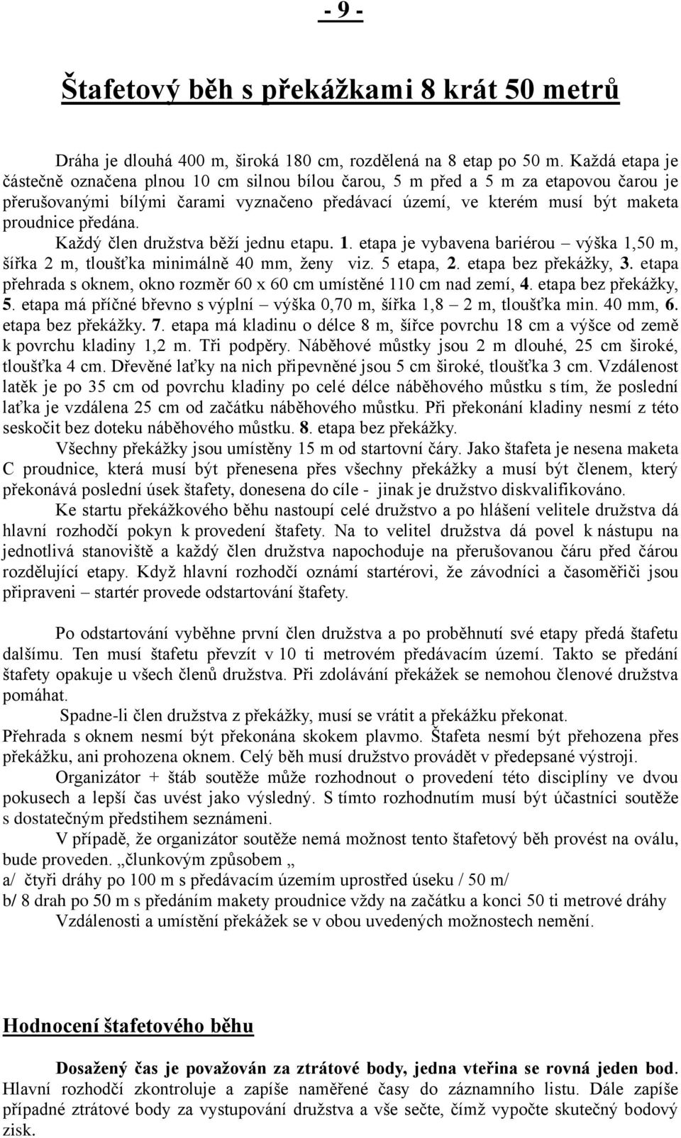 Každý člen družstva běží jednu etapu. 1. etapa je vybavena bariérou výška 1,50 m, šířka 2 m, tloušťka minimálně 40 mm, ženy viz. 5 etapa, 2. etapa bez překážky, 3.