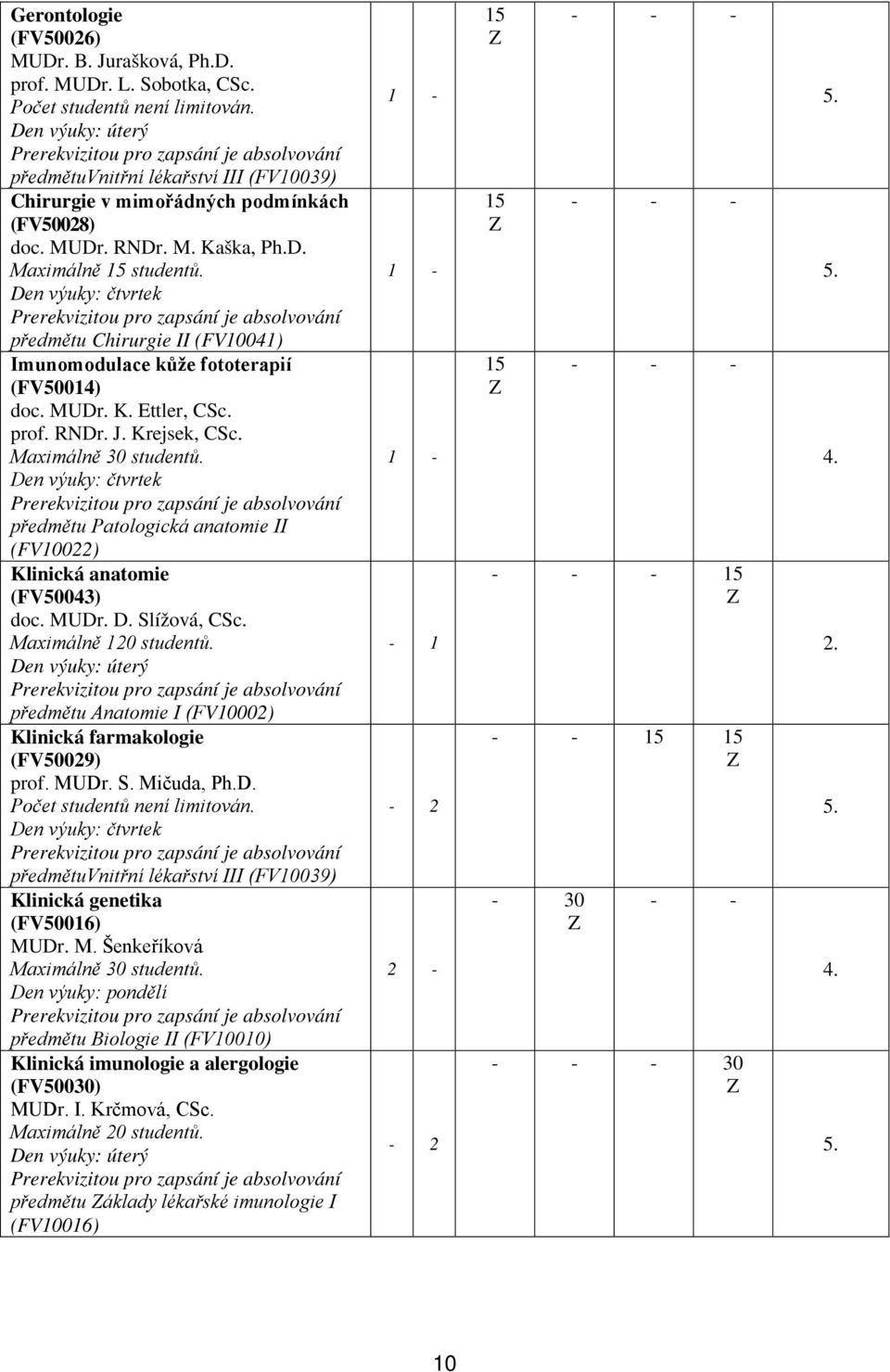 Den výuky: čtvrtek předmětu Patologická anatomie II (FV10022) Klinická anatomie (FV50043) doc. MUDr. D. Slížová, CSc. Maximálně 120 studentů.