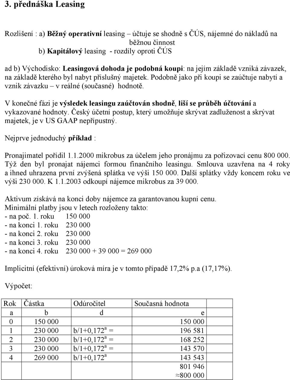 V konečné fázi je výsledek leasingu zaúčtován shodně, liší se průběh účtování a vykazované hodnoty. Český účetní postup, který umožňuje skrývat zadluženost a skrývat majetek, je v US GAAP nepřípustný.