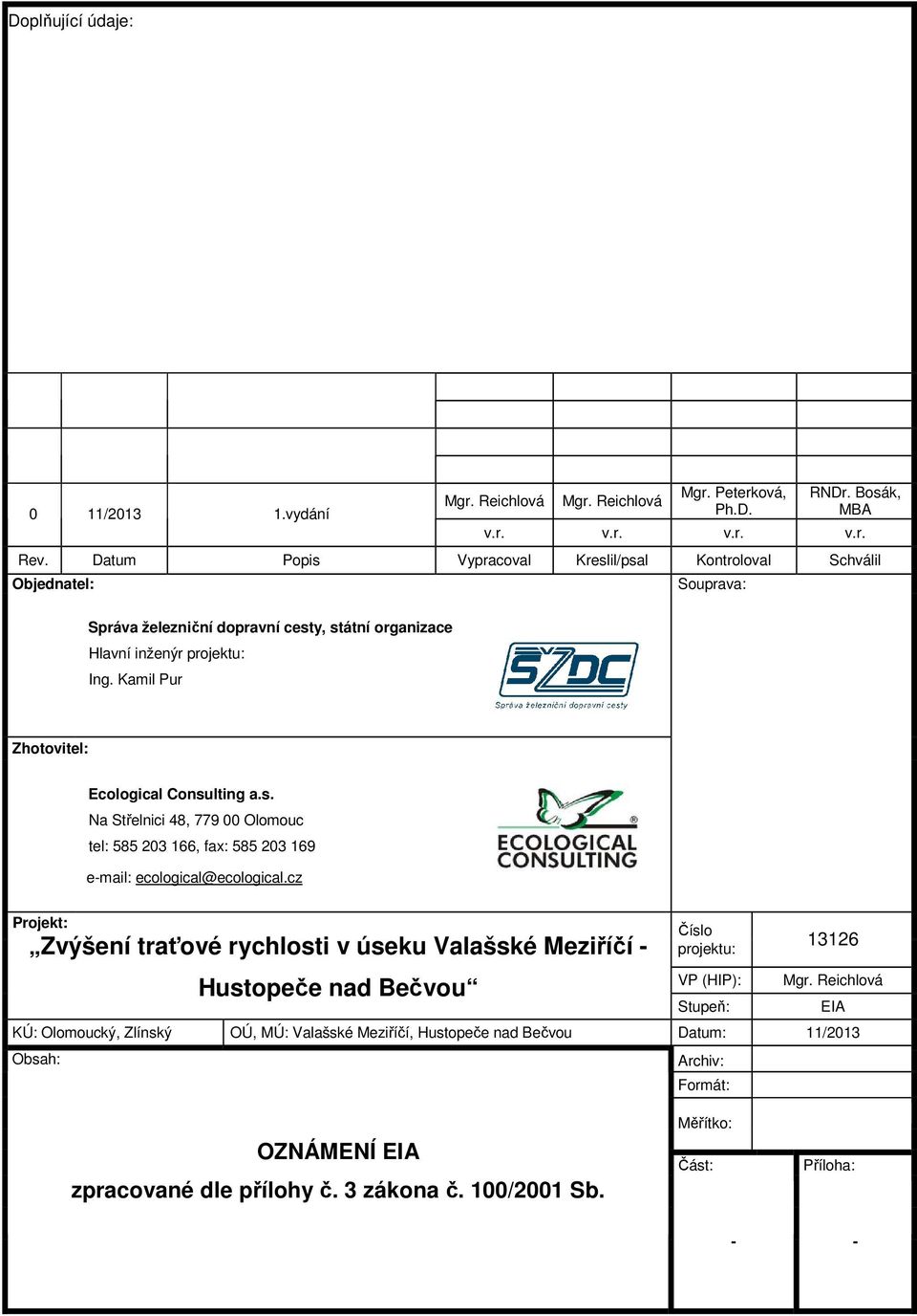 Kamil Pur Zhotovitel: Na Střelnici 48, 779 00 Olomouc tel: 585 203 166, fax: 585 203 169 e-mail: ecological@ecological.