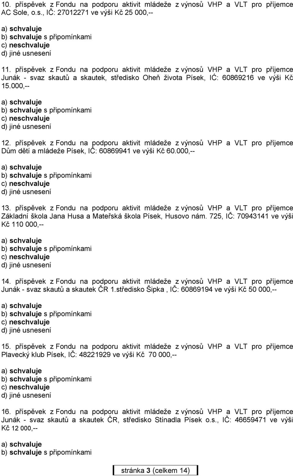 příspěvek z Fondu na podporu aktivit mládeže z výnosů VHP a VLT pro příjemce Dům dětí a mládeže Písek, IČ: 60869941 ve výši Kč 60.000,-- 13.