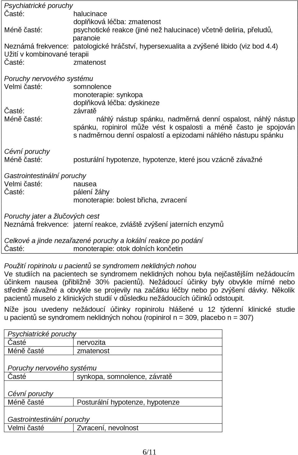 4) Užití v kombinované terapii Časté: zmatenost Poruchy nervového systému Velmi časté: somnolence monoterapie: synkopa doplňková léčba: dyskineze Časté: závratě Méně časté: náhlý nástup spánku,