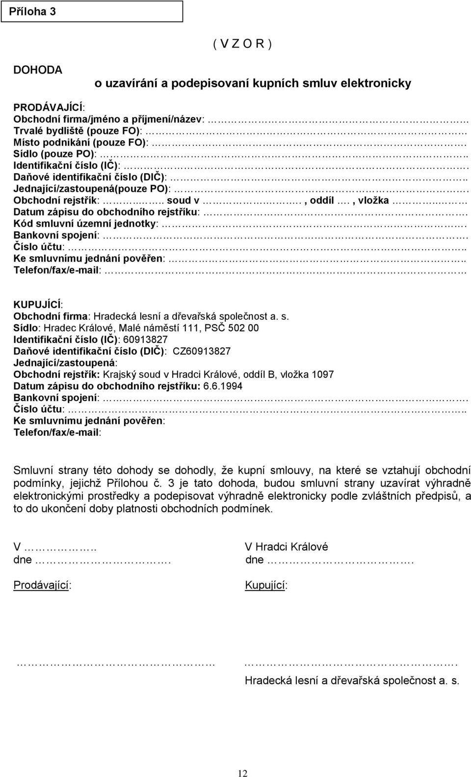 . Datum zápisu do obchodního rejstříku:. Kód smluvní územní jednotky:. Bankovní spojení:. Číslo účtu:.. Ke smluvnímu jednání pověřen:.