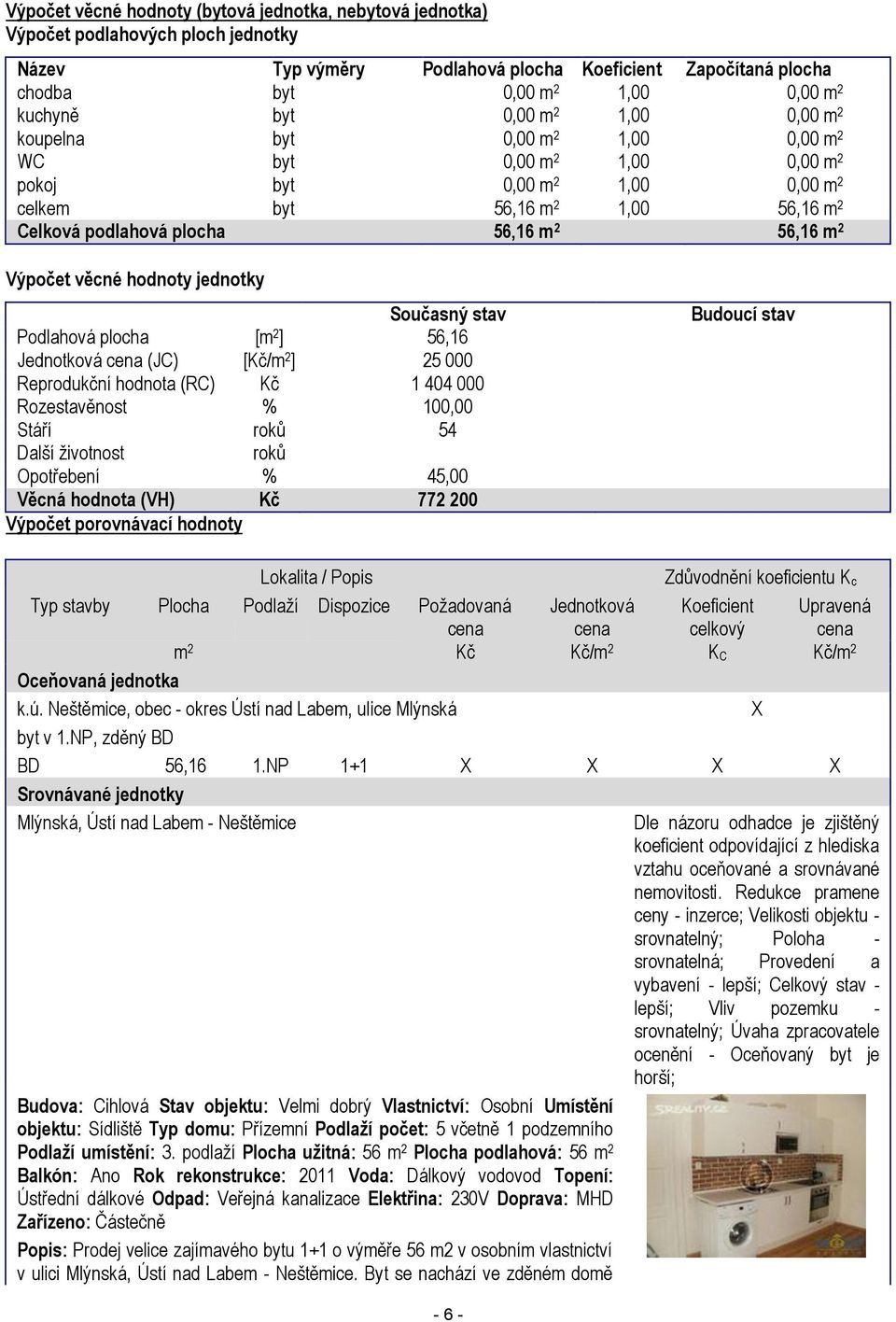 56,16 m 2 Výpočet věcné hodnoty jednotky Současný stav Podlahová plocha [m 2 ] 56,16 Jednotková cena (JC) [Kč/m 2 ] 25 000 Reprodukční hodnota (RC) Kč 1 404 000 Rozestavěnost % 100,00 Stáří roků 54