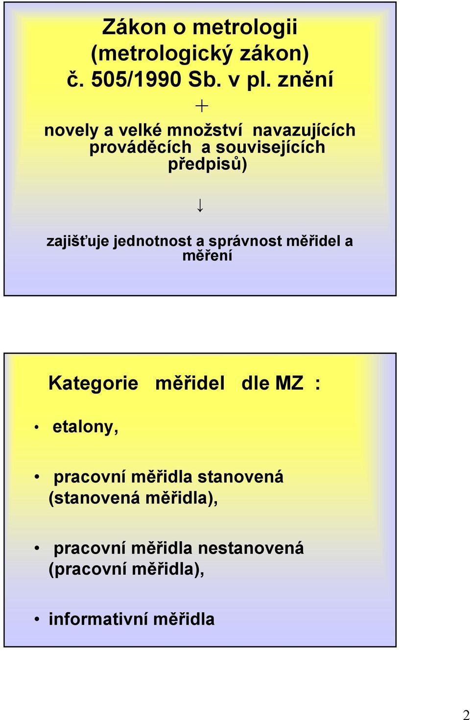 zajišťuje jednotnost a správnost měřidel a měření Kategorie měřidel dle MZ : etalony,