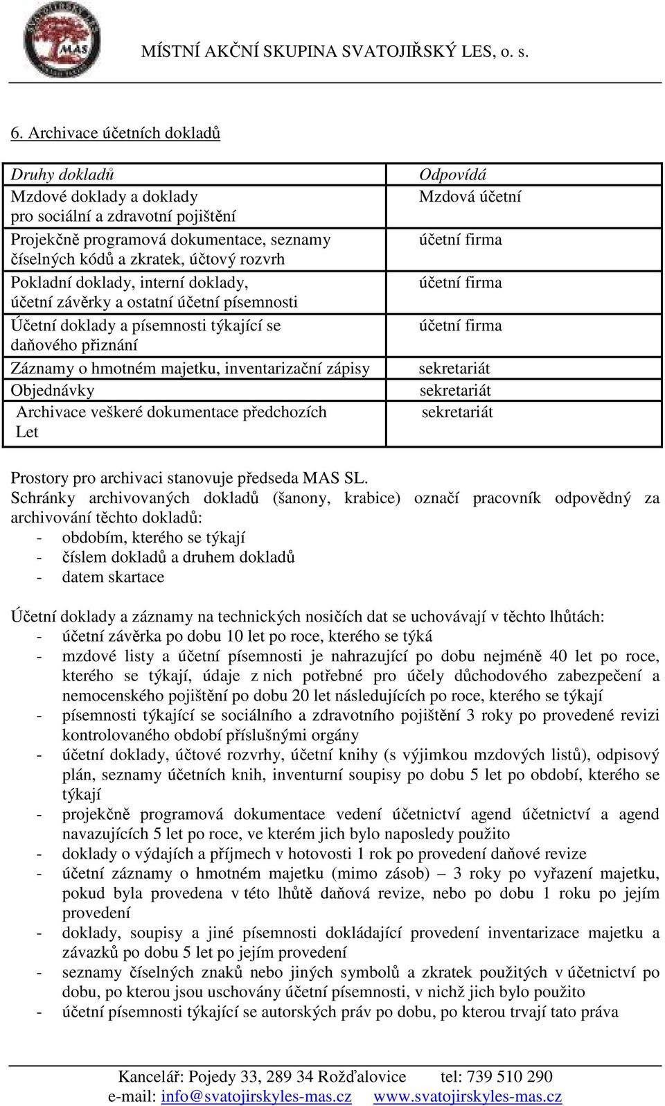 veškeré dokumentace předchozích Let Odpovídá Mzdová účetní účetní firma účetní firma účetní firma sekretariát sekretariát sekretariát Prostory pro archivaci stanovuje předseda MAS SL.