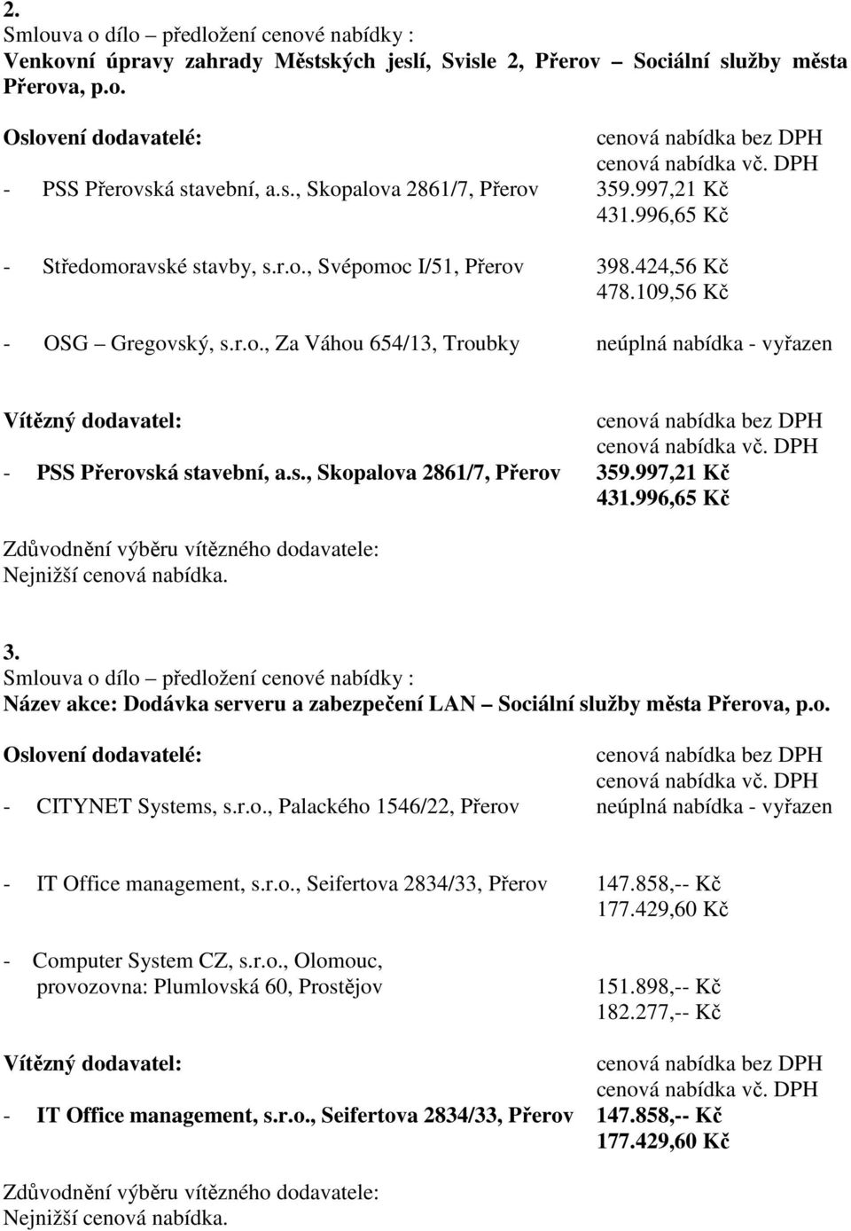 997,21 Kč 431.996,65 Kč Nejnižší cenová nabídka. 3. Název akce: Dodávka serveru a zabezpečení LAN Sociální služby města Přerova, p.o. - CITYNET Systems, s.r.o., Palackého 1546/22, Přerov neúplná nabídka - vyřazen - IT Office management, s.