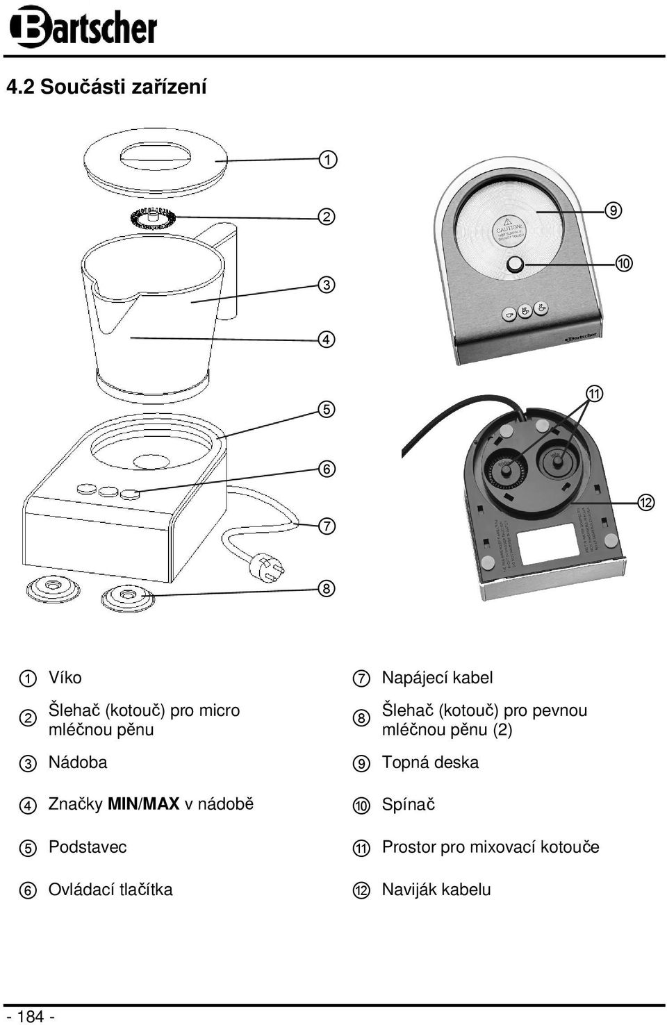 Ovládací tlačítka 7 Napájecí kabel 8 Šlehač (kotouč) pro pevnou mléčnou pěnu