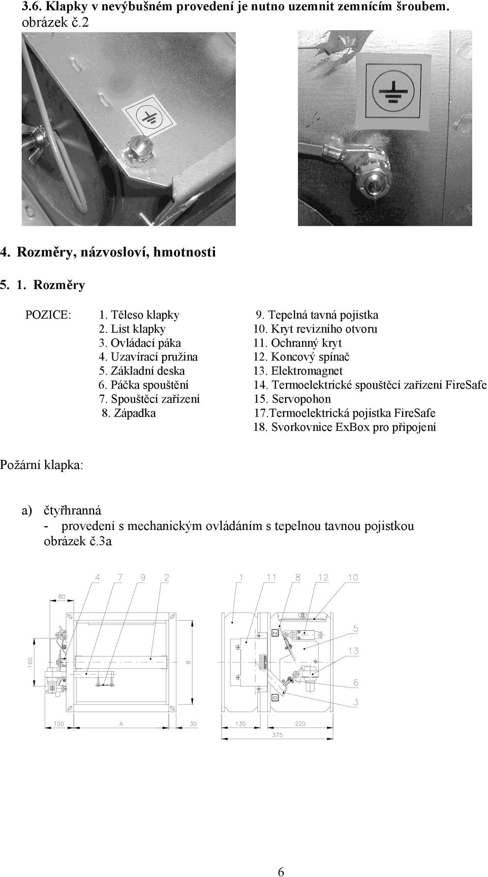 Základní deska 13. Elektromagnet 6. Páčka spouštění 14. Termoelektrické spouštěcí zařízení FireSafe 7. Spouštěcí zařízení 15. Servopohon 8. Západka 17.