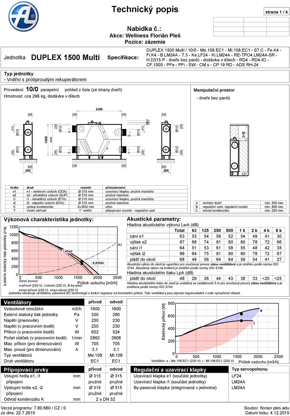 venkovní vzduch (ODA) Ø 315 mm uzavírací klapka, pružná manžeta - přiváděný vzduch (SUP) Ø 315 mm pružná manžeta - odváděný vzduch (ETA) Ø 315 mm uzavírací klapka, pružná manžeta - odpadní vzduch
