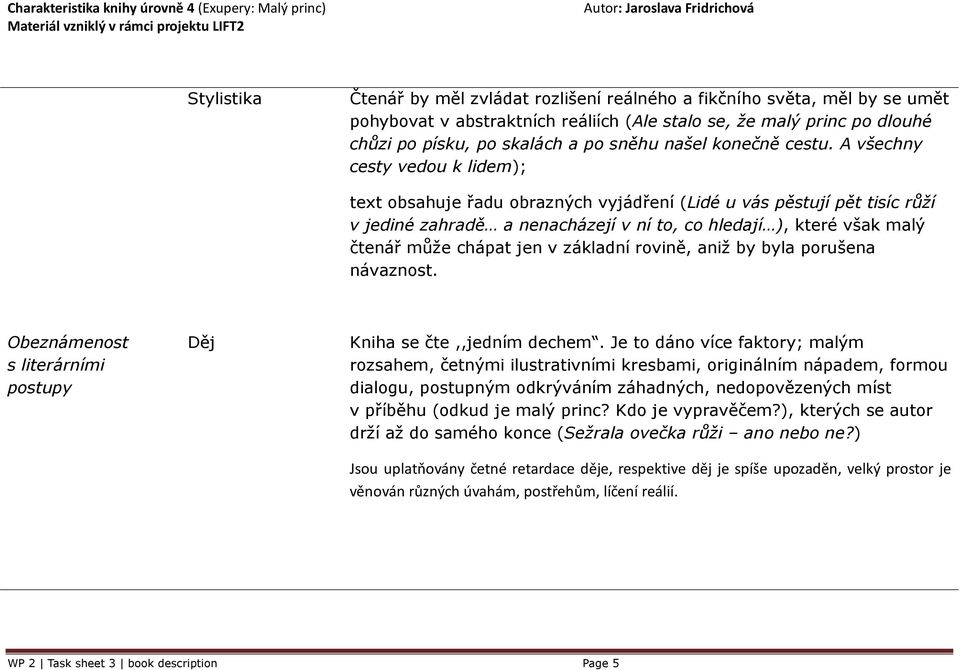 A všechny cesty vedou k lidem); text obsahuje řadu obrazných vyjádření (Lidé u vás pěstují pět tisíc růží v jediné zahradě a nenacházejí v ní to, co hledají ), které však malý čtenář může chápat jen