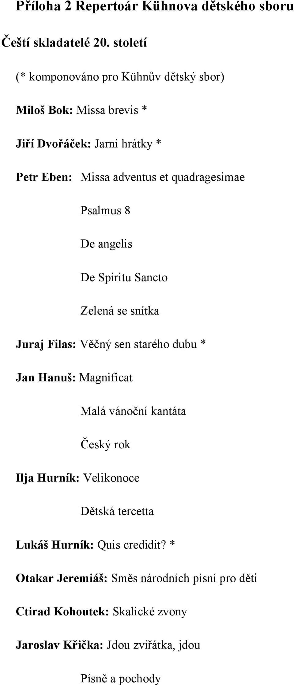 quadragesimae Psalmus 8 De angelis De Spiritu Sancto Zelená se snítka Juraj Filas: Věčný sen starého dubu * Jan Hanuš: Magnificat Malá