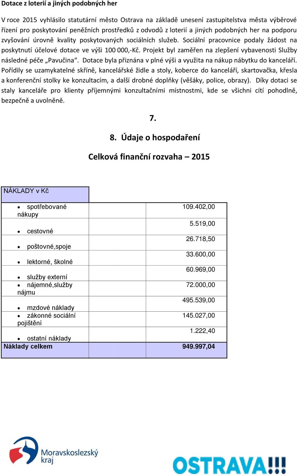 Projekt byl zaměřen na zlepšení vybavenosti Služby následné péče Pavučina. Dotace byla přiznána v plné výši a využita na nákup nábytku do kanceláří.