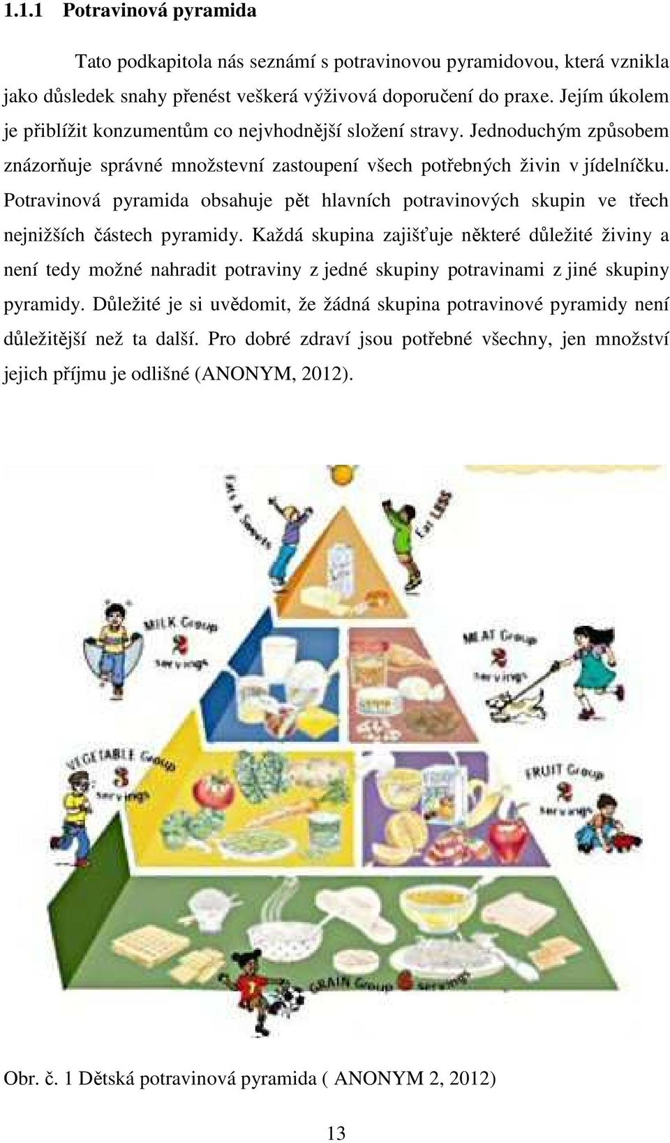 Potravinová pyramida obsahuje pět hlavních potravinových skupin ve třech nejnižších částech pyramidy.