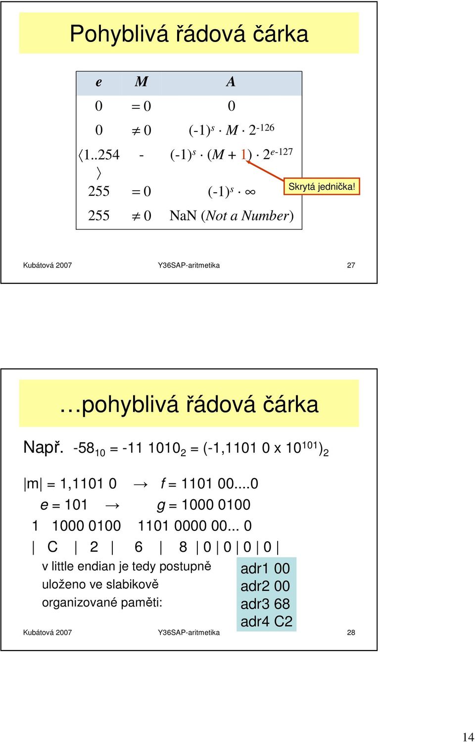 Kubátová 2007 Y36SAP-aritmetika 27 pohyblivářádová čárka Např.