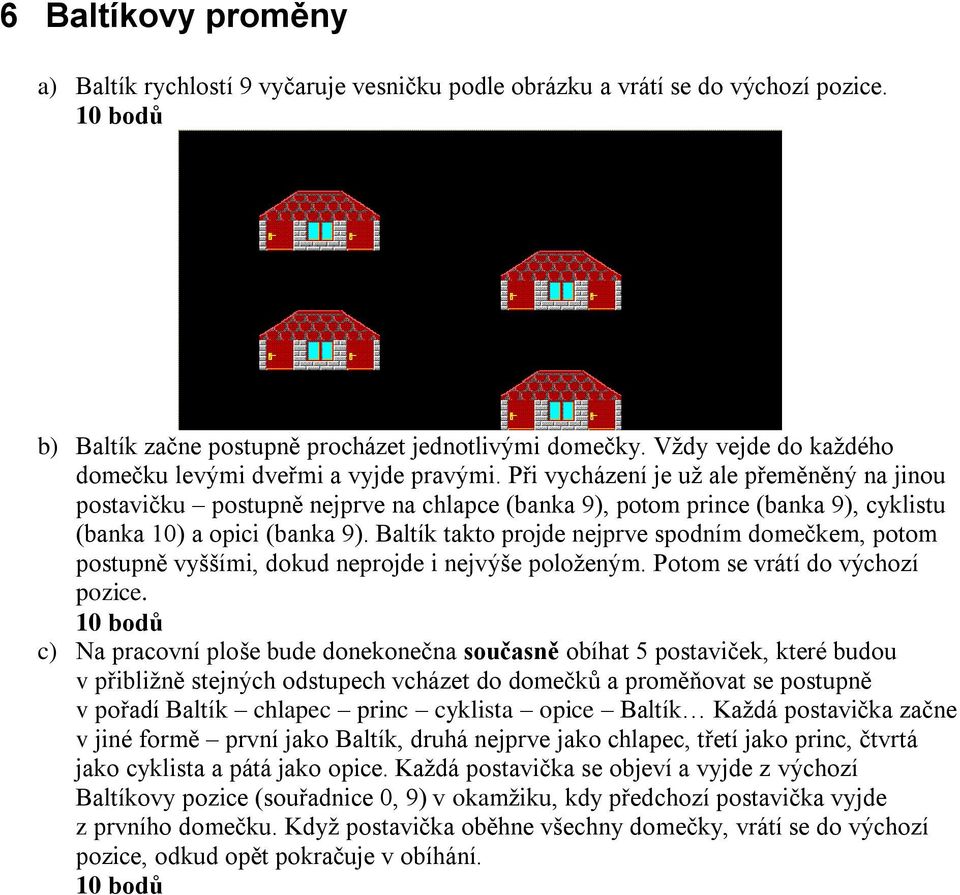 Při vycházení je už ale přeměněný na jinou postavičku postupně nejprve na chlapce (banka 9), potom prince (banka 9), cyklistu (banka 10) a opici (banka 9).