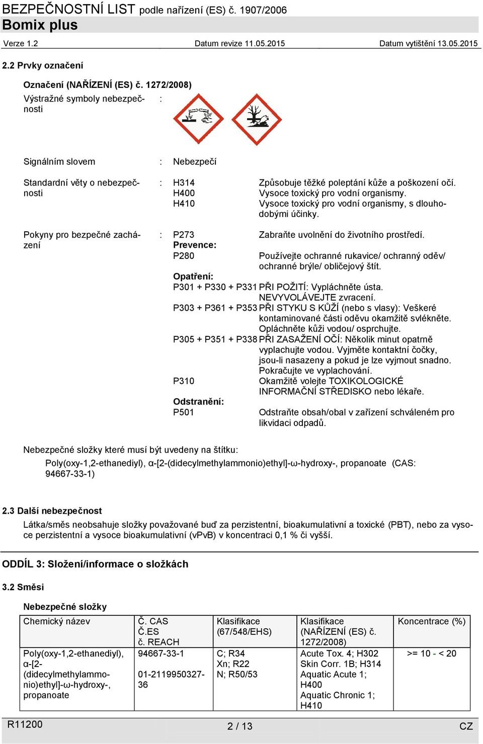 H400 Vysoce toxický pro vodní organismy. H410 Vysoce toxický pro vodní organismy, s dlouhodobými účinky. : P273 Zabraňte uvolnění do životního prostředí.