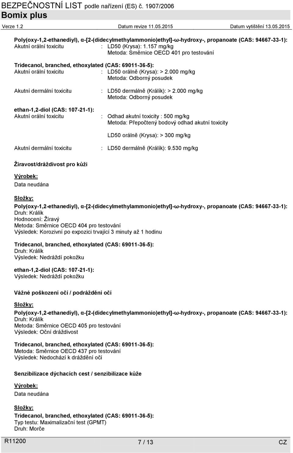 000 mg/kg Metoda: Odborný posudek Akutní dermální toxicitu ethan-1,2-diol (CAS: 107-21-1): Akutní orální toxicitu : LD50 dermálně (Králík): > 2.