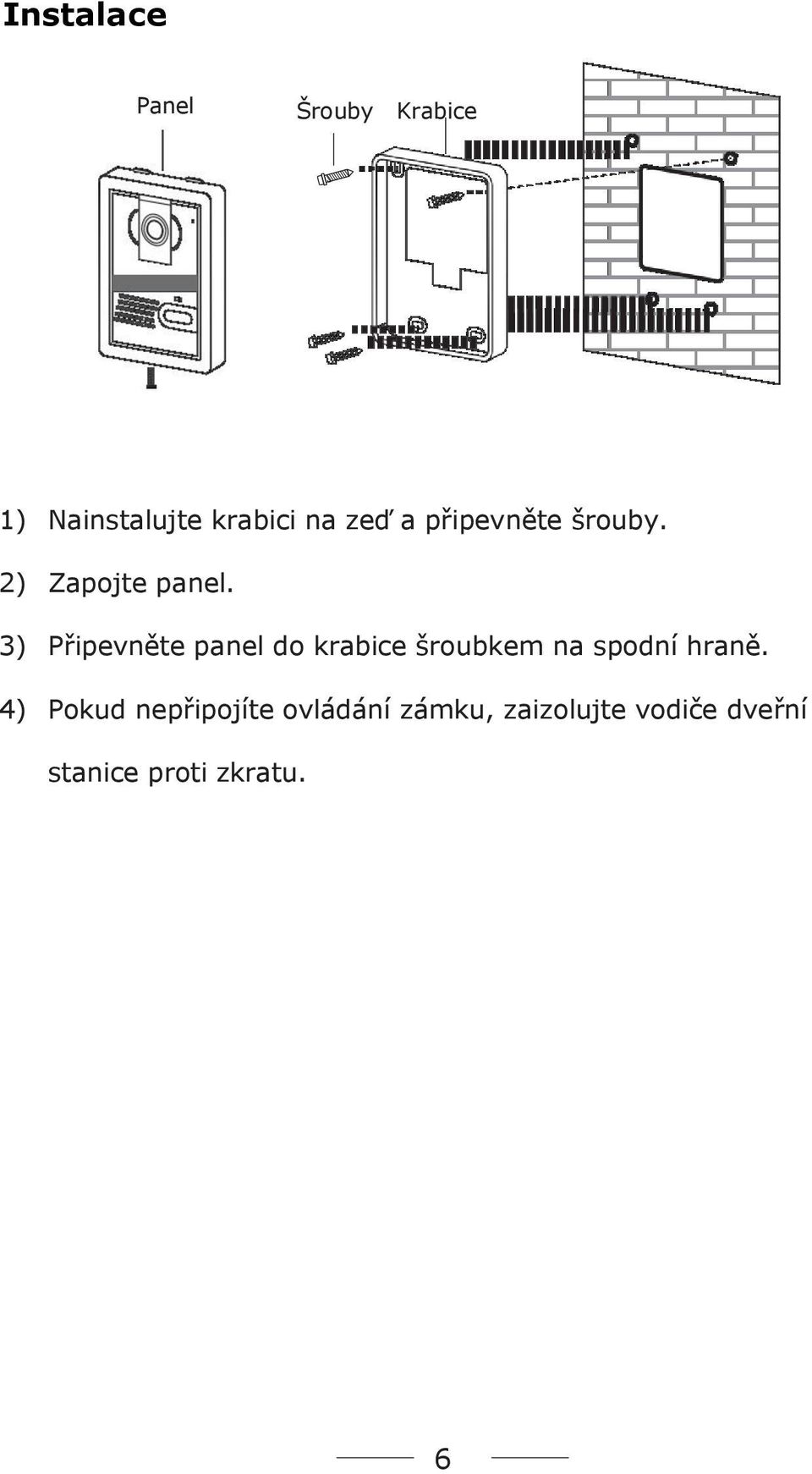 3) Připevněte panel do krabice šroubkem na spodní hraně.