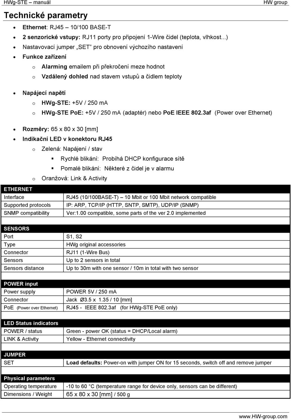 HWg-STE: +5V / 250 ma HWg-STE PoE: +5V / 250 ma (adaptér) nebo PoE IEEE 802.