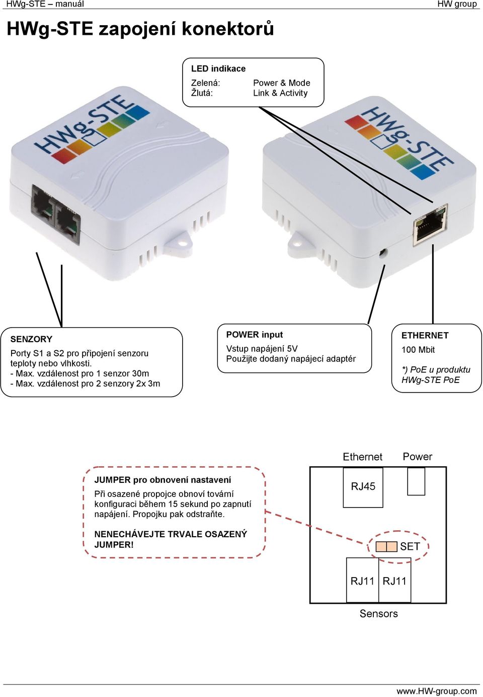 vzdálenost pro 2 senzory 2x 3m POWER input Vstup napájení 5V Použijte dodaný napájecí adaptér ETHERNET 100 Mbit *) PoE u produktu HWg-STE