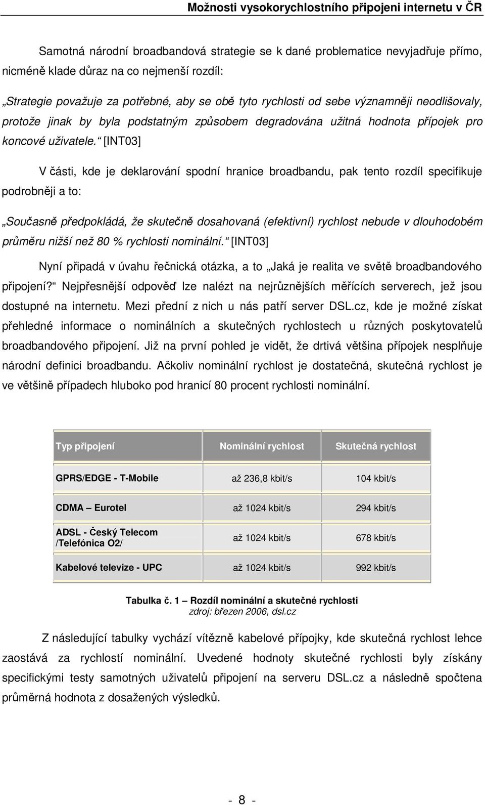 [INT03] V části, kde je deklarování spodní hranice broadbandu, pak tento rozdíl specifikuje podrobněji a to: Současně předpokládá, že skutečně dosahovaná (efektivní) rychlost nebude v dlouhodobém