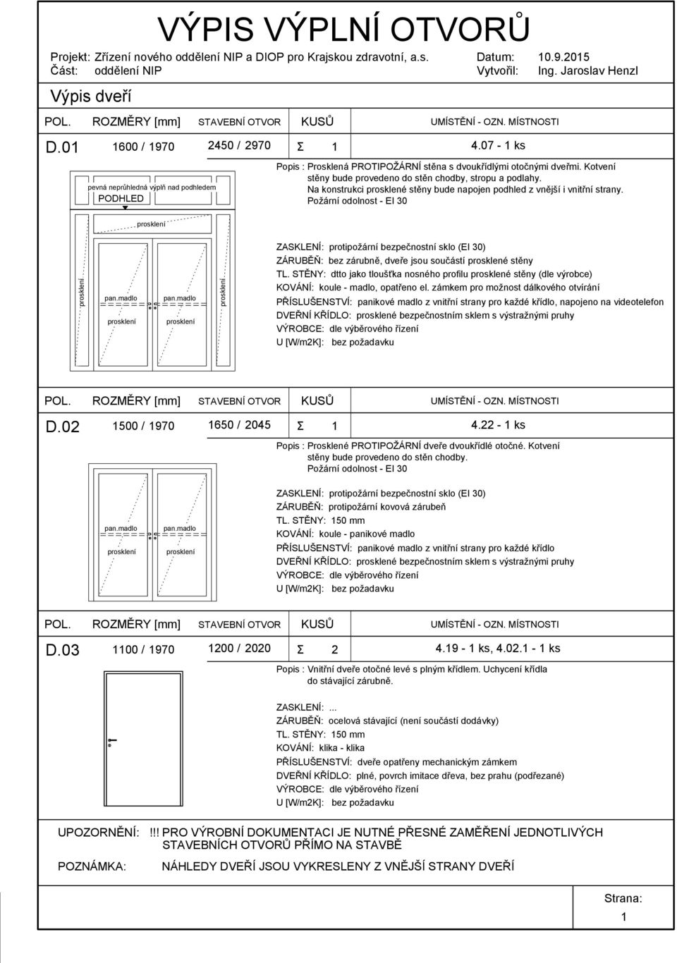 madlo ZASKLENÍ: protipožární bezpečnostní sklo (EI 30) ZÁRUBĚŇ: bez zárubně, dveře jsou součástí prosklené stěny TL.