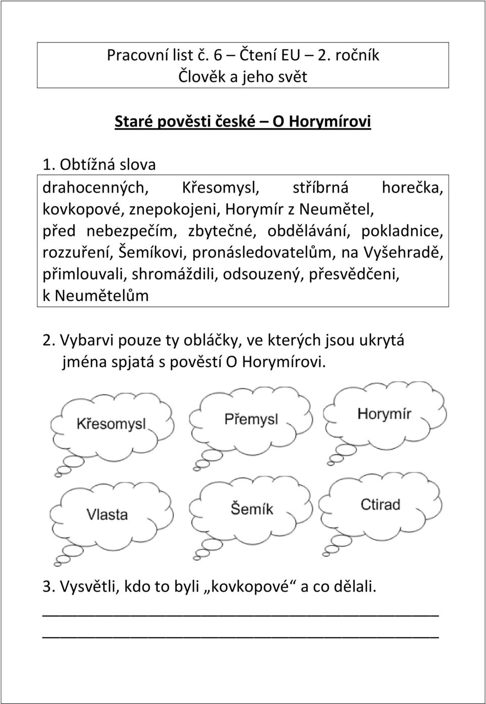 Pracovní list č. 1 Čtení EU 2. ročník Člověk a jeho svět - PDF Free Download