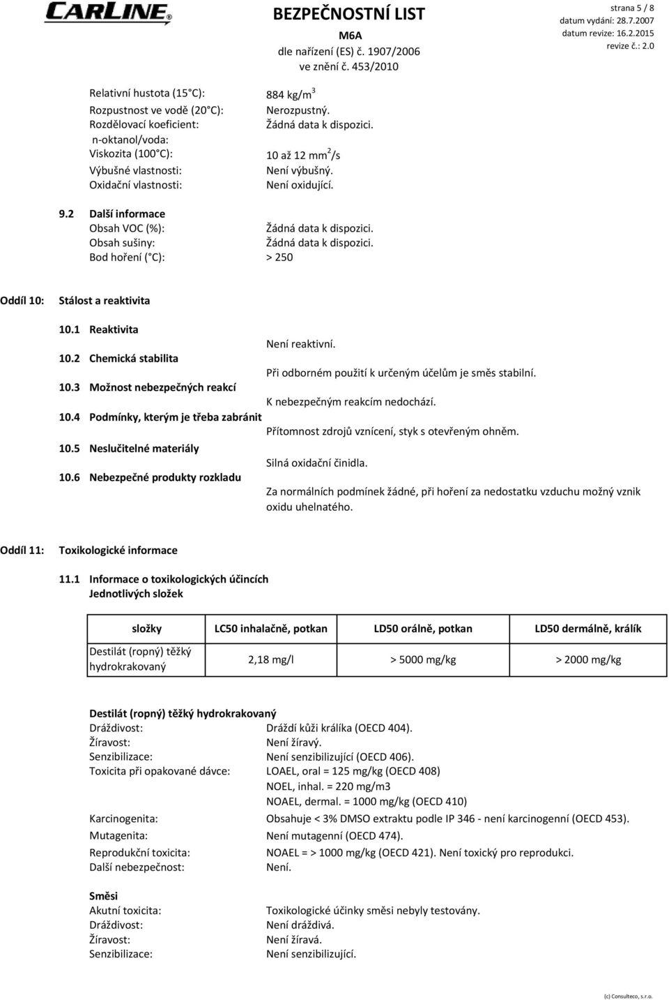 Stálost a reaktivita 10.1 Reaktivita Není reaktivní. 10.2 Chemická stabilita Při odborném použití k určeným účelům je směs stabilní. 10.3 Možnost nebezpečných reakcí K nebezpečným reakcím nedochází.