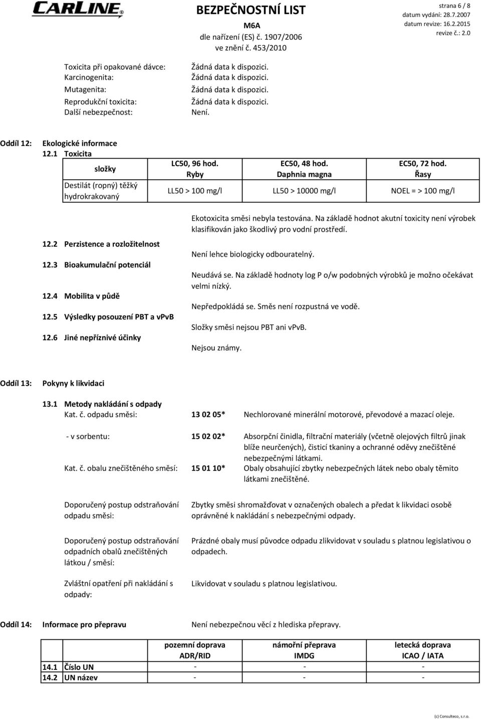 2 Perzistence a rozložitelnost 12.3 Bioakumulační potenciál 12.4 Mobilita v půdě 12.5 Výsledky posouzení PBT a vpvb 12.6 Jiné nepříznivé účinky Ekotoxicita směsi nebyla testována.