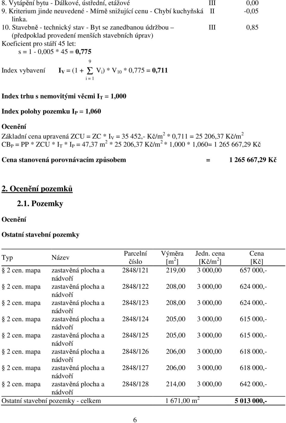 * V 10 * 0,775 = 0,711 i = 1 Index trhu s nemovitými věcmi I T = 1,000 Index polohy pozemku I P = 1,060 Ocenění Základní cena upravená ZCU = ZC * I V = 35 452,- Kč/m 2 * 0,711 = 25 206,37 Kč/m 2 CB P