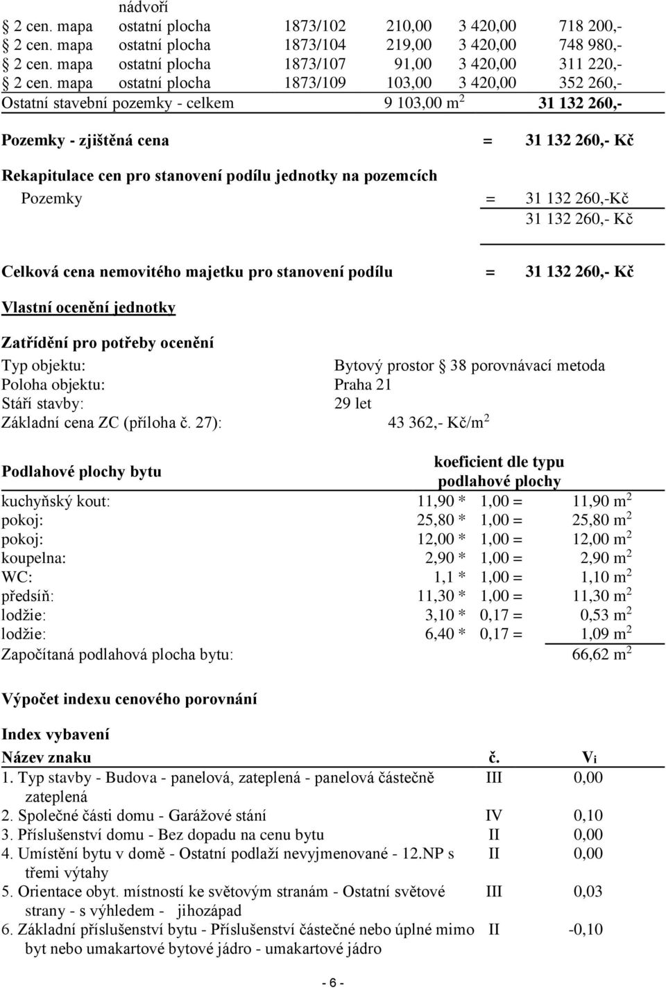 jednotky na pozemcích Pozemky = 31 132 260,-Kč 31 132 260,- Kč Celková cena nemovitého majetku pro stanovení podílu = 31 132 260,- Kč Vlastní ocenění jednotky Zatřídění pro potřeby ocenění Typ