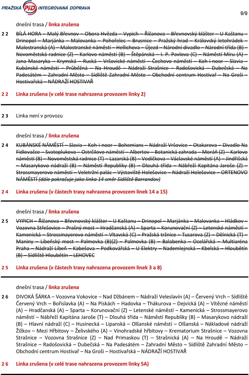Pavlova (C) Náměstí Míru (A) Jana Masaryka Krymská Ruská Vršovické náměstí Čechovo náměstí Koh-i-noor Slavia Kubánské náměstí Průběžná Na Hroudě Nádraží Strašnice Radošovická Dubečská Na Padesátém