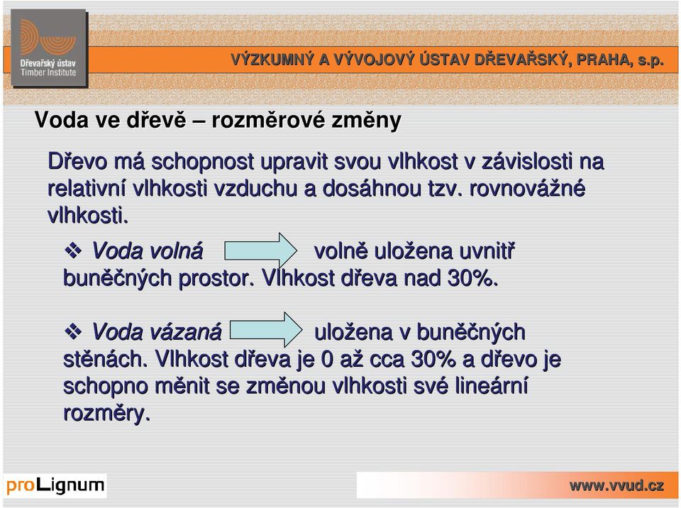 Voda volná volně uložena uvnitř buněč ěčných prostor. Vlhkost dřeva d nad 30%.