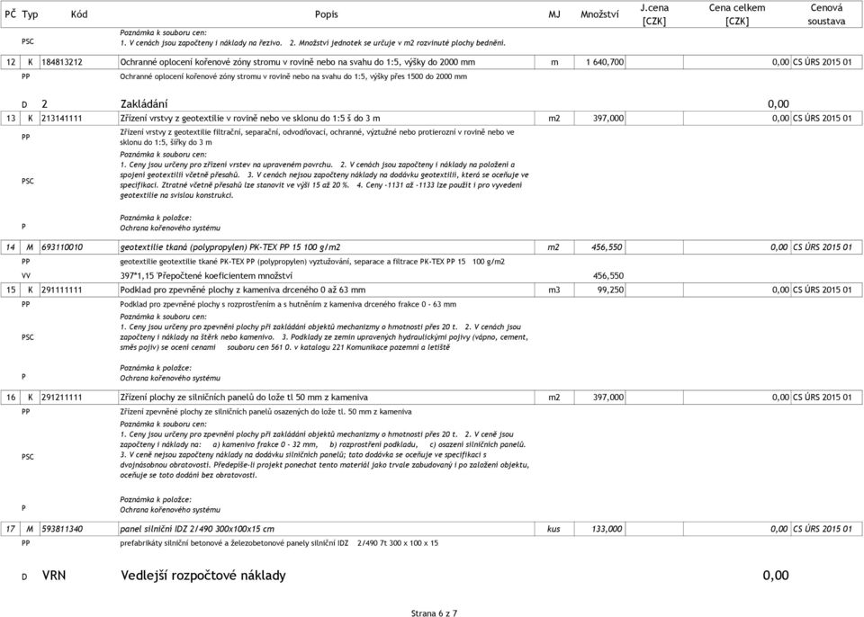 1:5, výšky přes 1500 do 2000 mm D 2 Zakládání 0,00 13 K 213141111 Zřízení vrstvy z geotextilie v rovině nebo ve sklonu do 1:5 š do 3 m m2 397,000 0,00 CS ÚRS 2015 01 Zřízení vrstvy z geotextilie