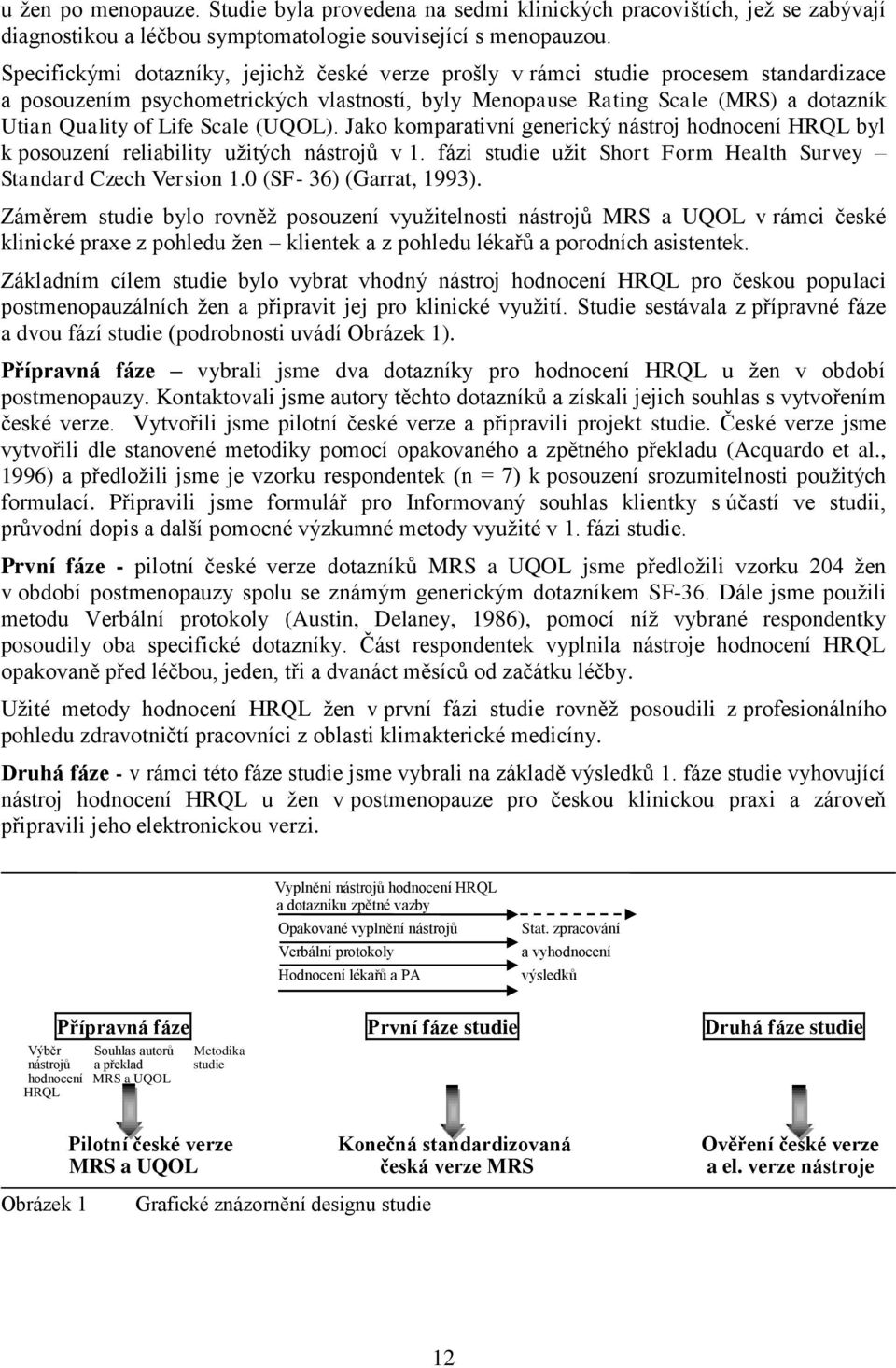 Scale (UQOL). Jako komparativní generický nástroj hodnocení HRQL byl k posouzení reliability užitých nástrojů v 1. fázi studie užit Short Form Health Survey Standard Czech Version 1.