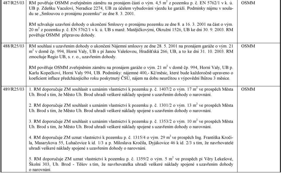 č. EN 5762/1 v k. ú. UB s manž. Matějíčkovými, Okružní 1526, UB ke dni 30. 9. 2003. RM pověřuje přípravou dohody. 488/R25/03 RM souhlasí s uzavřením dohody o ukončení Nájemní smlouvy ze dne 28. 5. 2001 na pronájem garáže o vým.