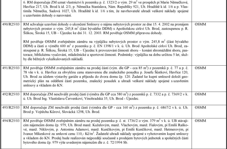 490/R25/03 RM schvaluje uzavření dohody o ukončení Smlouvy o nájmu nebytových prostor ze dne 15. 4. 2002 na pronájem nebytových prostor o vým. 245,8 m 2 (část bývalého DDM) s Apoštolskou církví Uh.