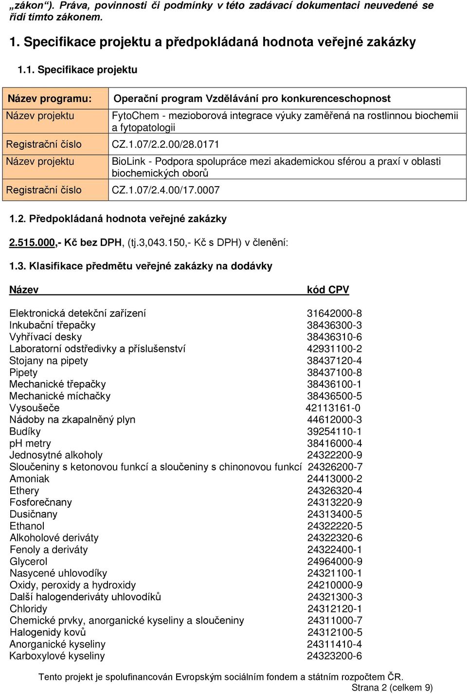 1. Specifikace projektu Název programu: Název projektu Registrační číslo Název projektu Registrační číslo Operační program Vzdělávání pro konkurenceschopnost FytoChem - mezioborová integrace výuky