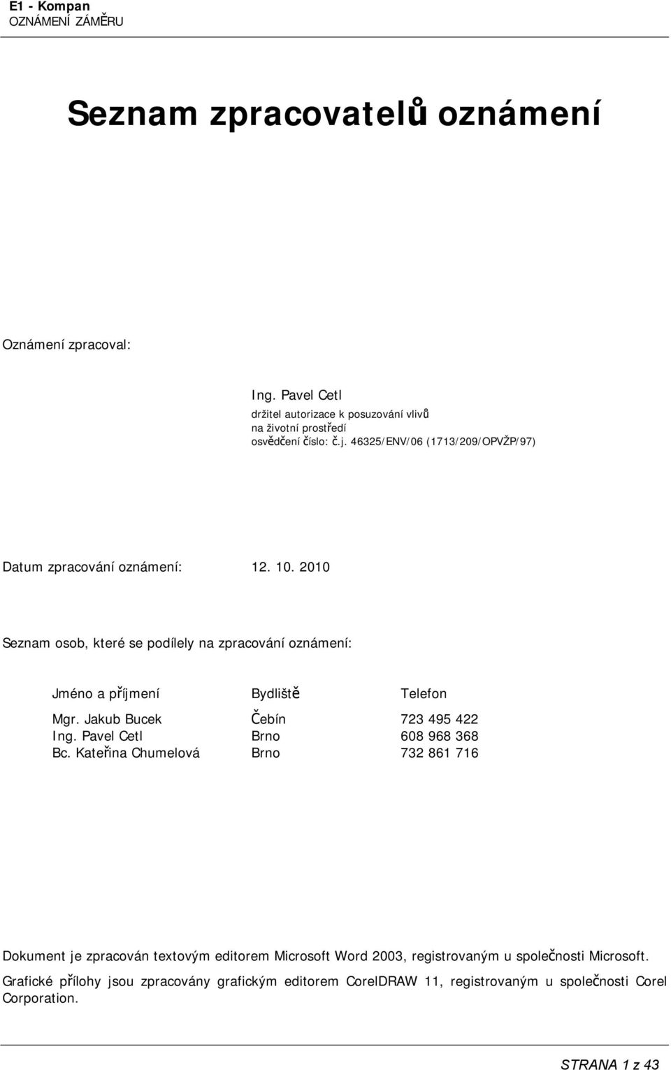 2010 Seznam osob, které se podílely na zpracování oznámení: Jméno a příjmení Bydliště Telefon Mgr. Jakub Bucek Čebín 723 495 422 Ing.