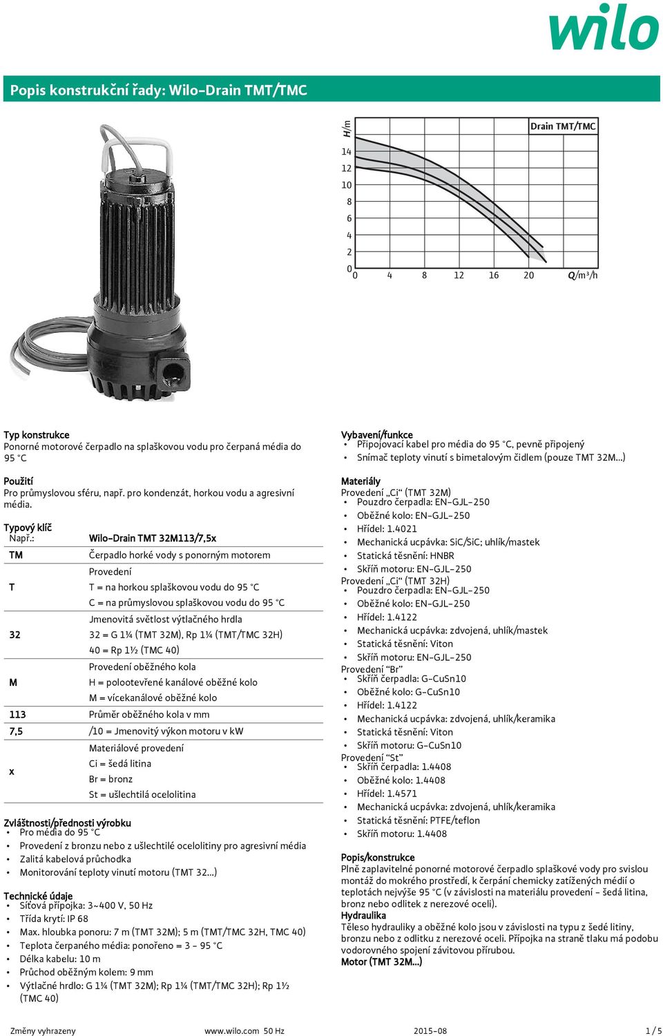 : TM T 32 M Wilo-Drain TMT 32M113/7,5x Čerpadlo horké vody s ponorným motorem Provedení T = na horkou splaškovou vodu do 95 C C = na průmyslovou splaškovou vodu do 95 C Jmenovitá světlost výtlačného