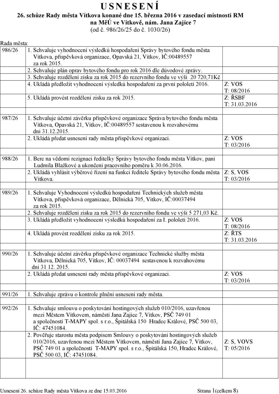 3. Schvaluje rozdělení zisku za rok 2015 do rezervního fondu ve výši 20 720,71Kč 4. Ukládá předložit vyhodnocení výsledků hospodaření za první pololetí 2016. 5.