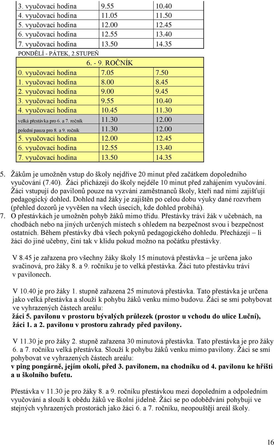 30 12.00 polední pauza pro 8. a 9. ročník 11.30 12.00 5. vyučovací hodina 12.00 12.45 6. vyučovací hodina 12.55 13.40 7. vyučovací hodina 13.50 14.35 5.