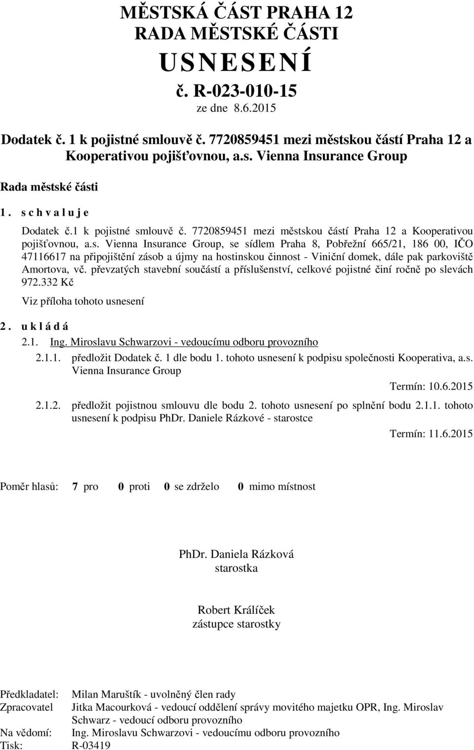 převzatých stavební součástí a příslušenství, celkové pojistné činí ročně po slevách 972.332 Kč Viz příloha tohoto usnesení 2. u k l á d á 2.1. Ing.
